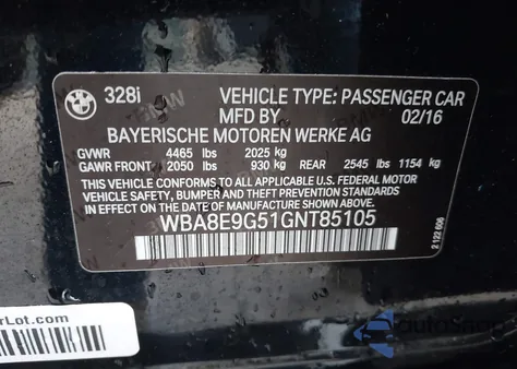 2016 BMW 328I из США, поврежденный, VIN WBA8E9G51GNT85105